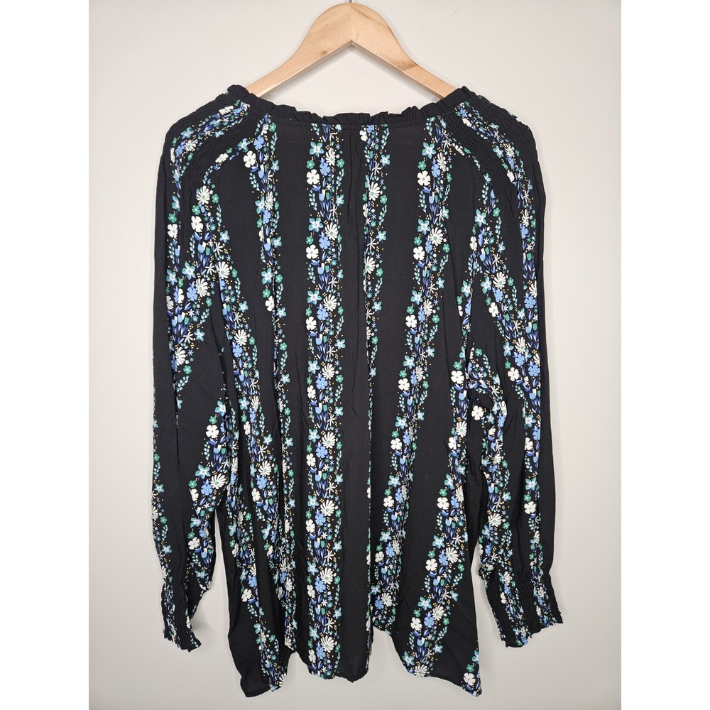 Talbots Blouse 3X Black Floral Peasant Puff Smocked Boho Tassels Feminine Flowy - Picture 6 of 12